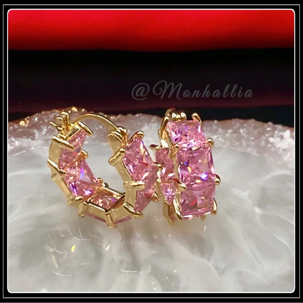 New 14k gold & pink 8g square princess simulated diamond chunky huggie earrings